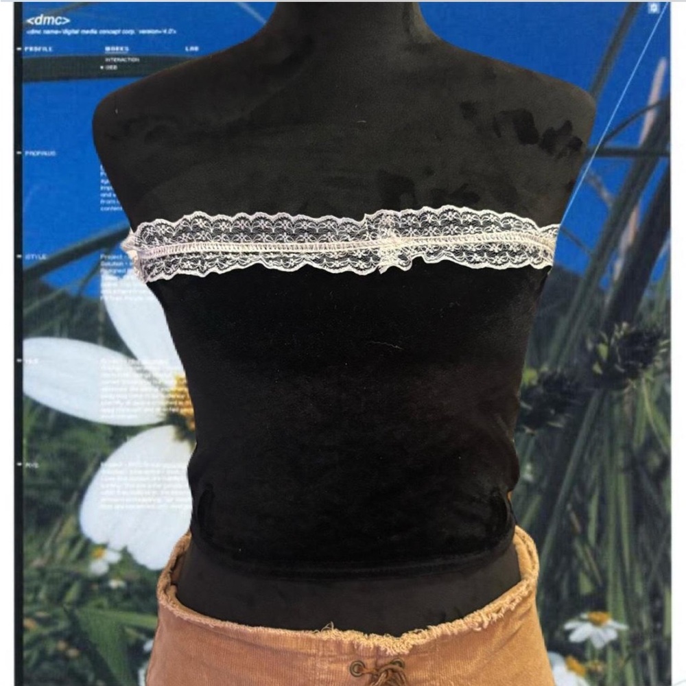 Black Velvet Tube Top with Lace Trim